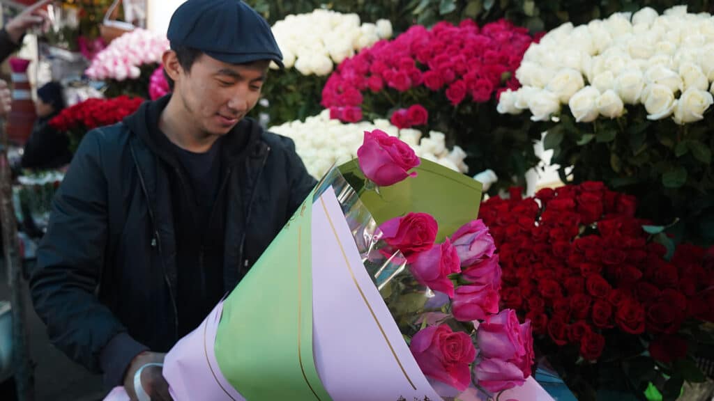 Almaty, Kazakhstan - 06.03.2023 : Different bouquets of flowers on sale before the holidays.