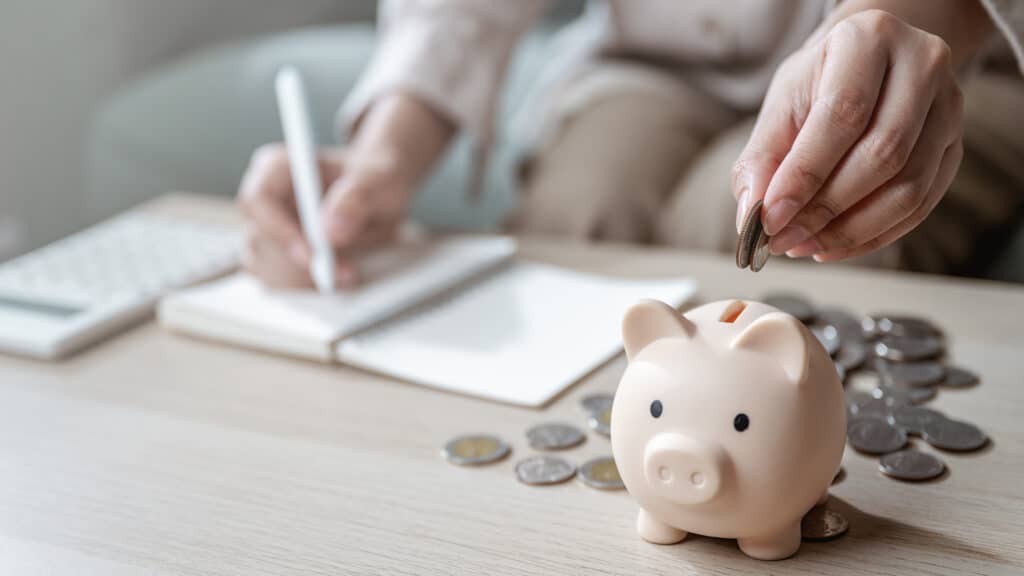 Piggy bank saving money concept. Finance banking plan. Financial save planning. Saving money plan. Retirement pension fund. Personal finance retire. Wealth investing lifestyle. Monthly expenses budget