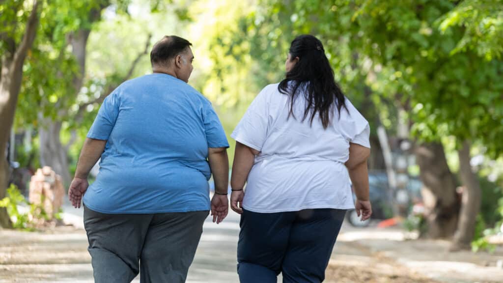 Obesity Concept- Indian couple walking together at summer park to loose weight. Plus size friends Fitness and healthy lifestyle. Fat man and woman outdoor. Back view.