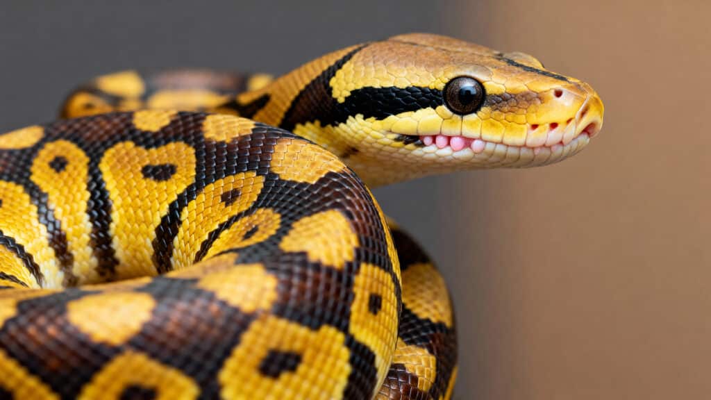 Colorful Ball Python with Yellow and Black Patterns – Macro Reptile Portrait