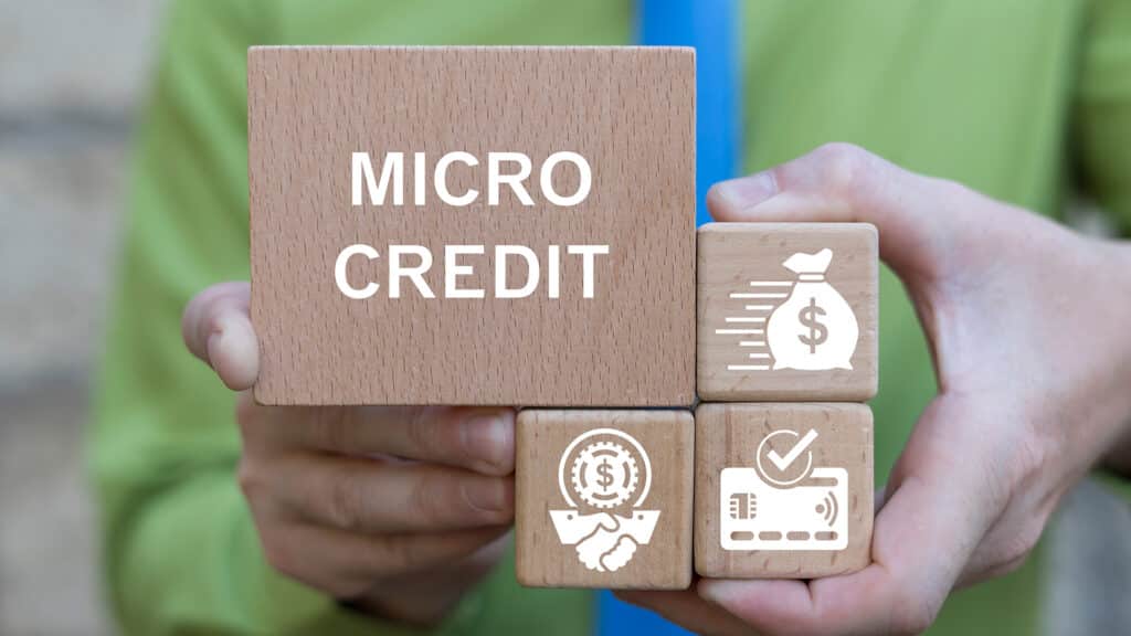 Business man holding wooden blocks sees text: MICRO CREDIT. Microcredit Financing Business concept. Fast Micro Credit Loan Banking Technology. Micro Finance.