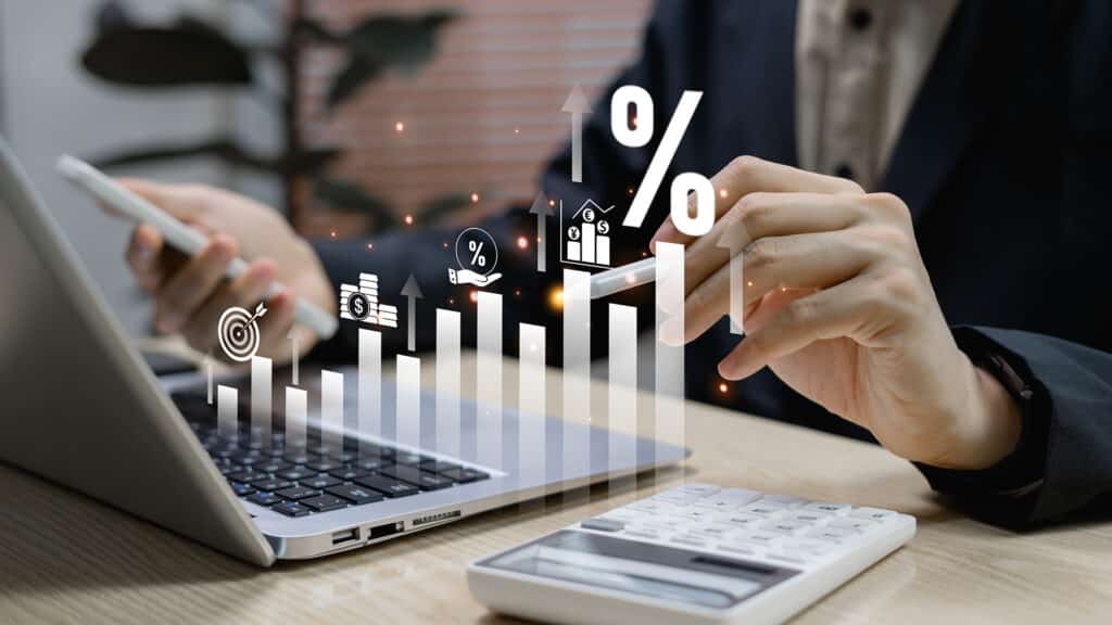 Business finance growth concept highlighting deposit, fund, income, interest, tax, payment, and return, representing economy, investment, and percentage increase in financial success.