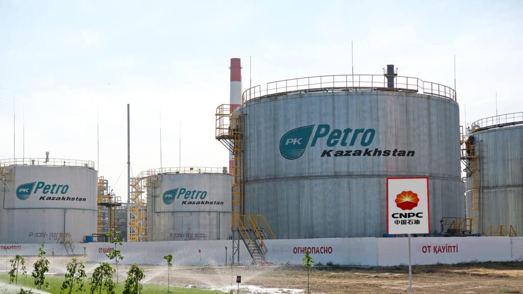 Shymkent / Kazakhstan - 09.26.2018 : Tanks, pipes and metal structures at the Petro Kazakhstan oil processing plant.