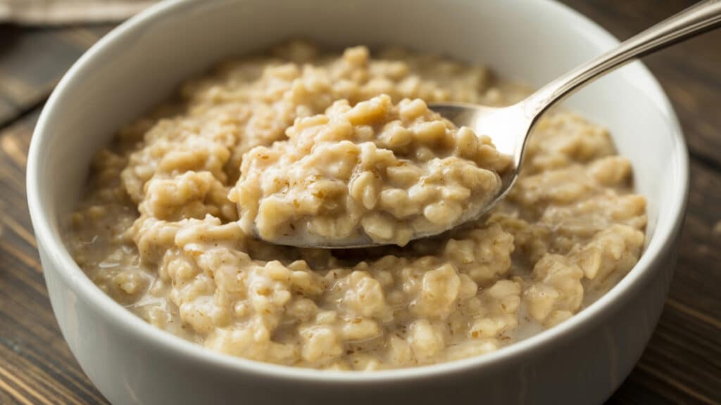 Oatmeal Porridge , creamy bowl, spoon, wooden table, comforting healthy breakfast, nutritious morning meal, wholesome food presentation.