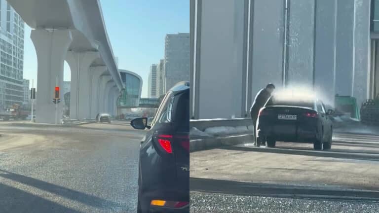 Астанчанин помыл машину под льющейся водой с LRT