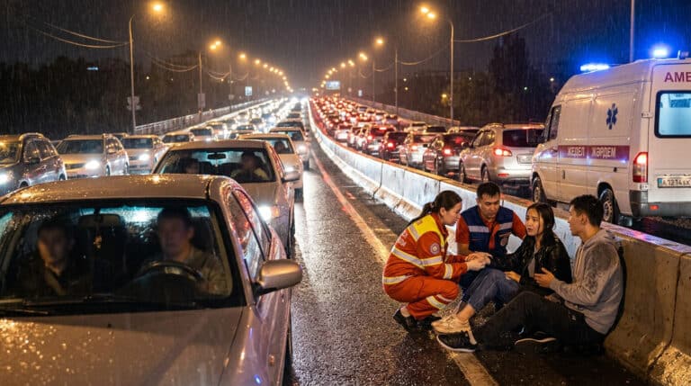 В Атырау во время дождя на мосту двух человек ударило током