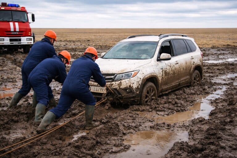 МЧС вытащило из степной грязи автомобиль с четырьмя людьми в области Абай