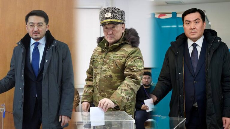 Алғаш дауыс бергендер: Әшімбаев, Сүлейменова, форма киген Қосанов