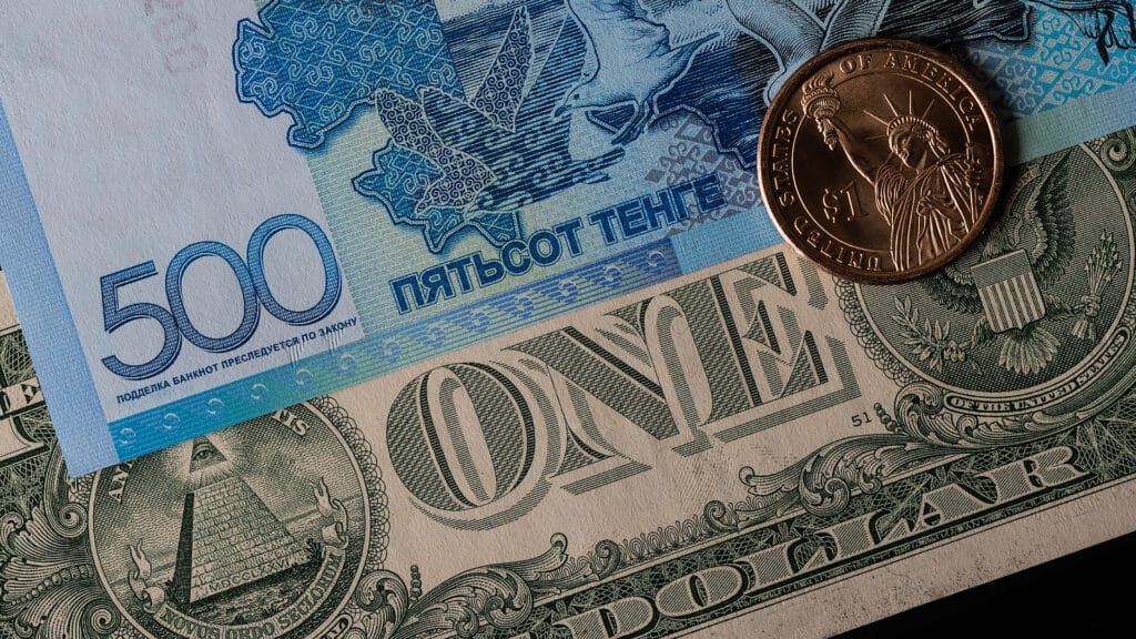 Banknote of 500 Kazakhstan tenge and 1 US dollar