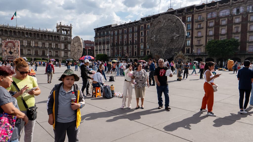 July 23th, 2025: Mexico City, Mexico. Zócalo Square, during the 700th anniversary celebrations of the founding of Tenochtitlan. Reproductions of pre hispanic sculptures are on display.
