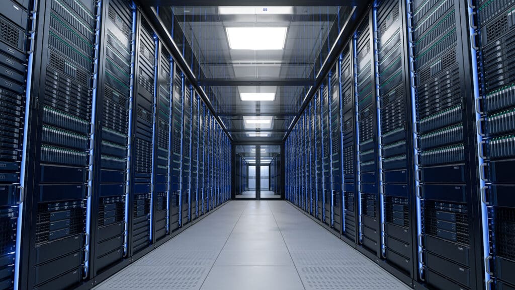 Inside Large Data Center. Advanced Cloud Computing Concept. Corridor with Server Racks and Cabinets full of Hard Drives