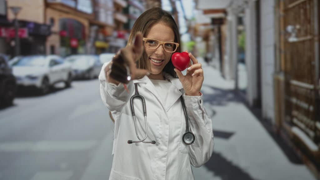 Woman doctor with stethoscope holds red heart and points finger on street; compassion heart health care.