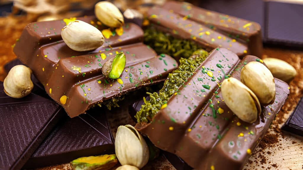 Dubai Chocolate bar with green kadayif and pistachio spread with pistachio nuts close up