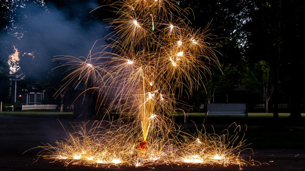 Long exposure photo of a fireworks on the evening on 4th of July
