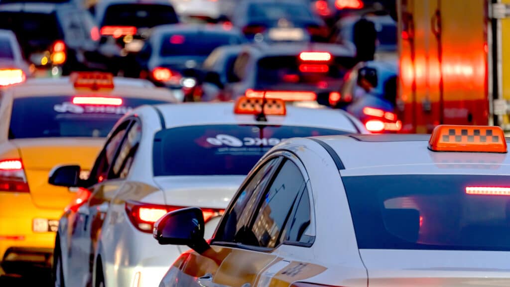 Moscow, Russia, September 04, 2025: Taxi cars on the street in Moscow