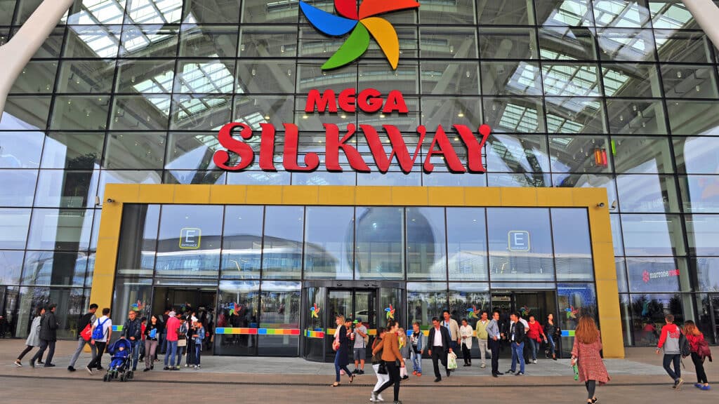 ASTANA, KAZAKHSTAN - SEPTEMBER 09: People at the entrance of mega Silkway shopping mall, Astana on September 9, 2017.