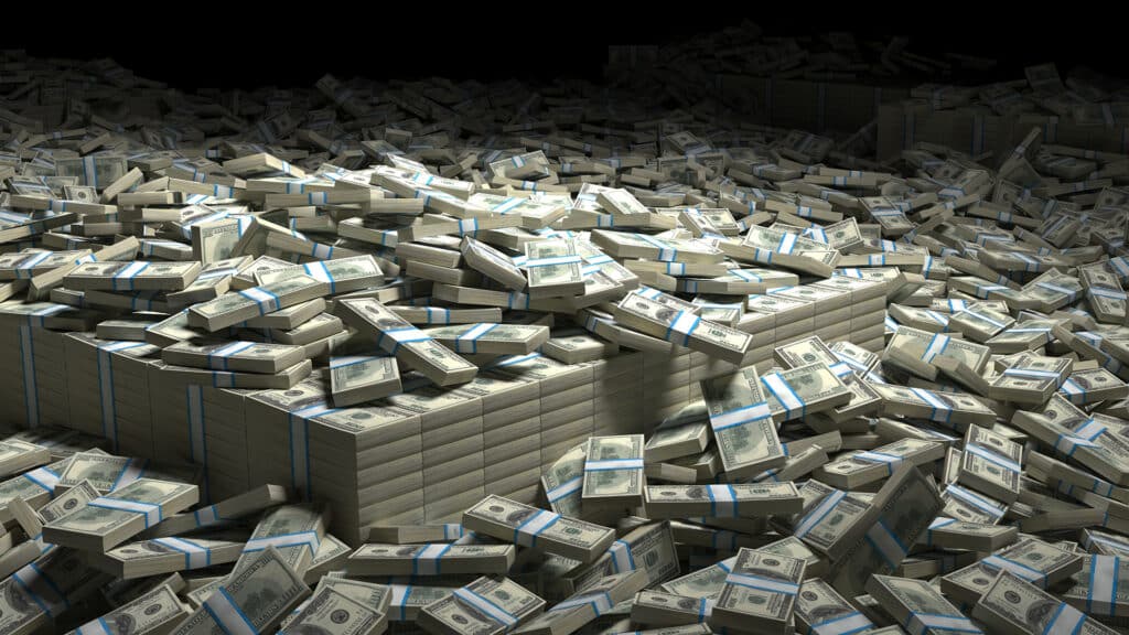 a vast pile of bundled us hundred-dollar bills dominates the frame, illustrating extreme wealth and financial prosperity. 3D render..