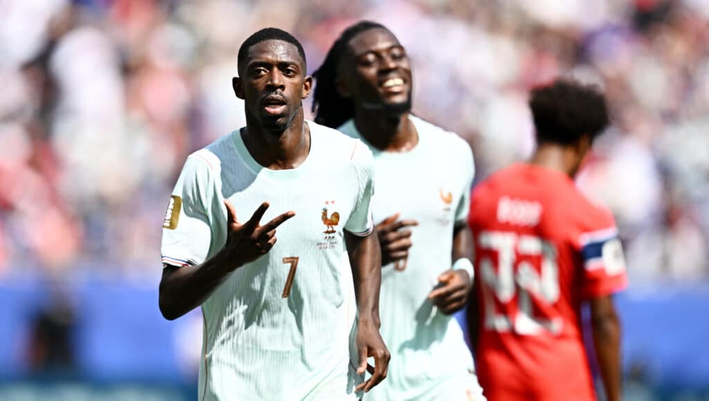 Soccer Football - FIFA World Cup 2026 - Group I - Norway v France - Boston Stadium, Foxborough, Massachusetts, U.S. - June 26, 2026 France's Ousmane Dembele celebrates scoring their third goal, completing his hat-trick REUTERS/Dylan Martinez