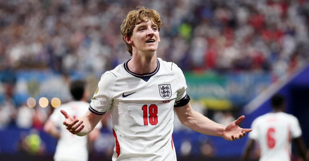 Soccer Football - FIFA World Cup 2026 - Semi Final - England v Argentina - Atlanta Stadium, Atlanta, Georgia, U.S. - July 15, 2026 England's Anthony Gordon celebrates scoring their first goal REUTERS/Paul Childs