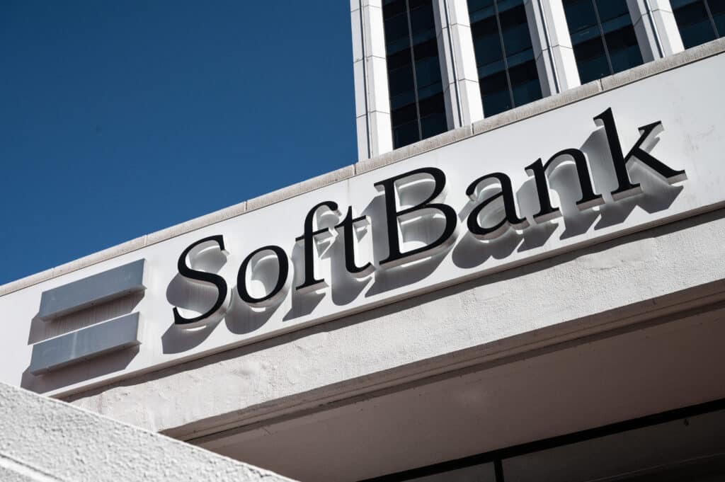 This picture taken on February 6, 2023 shows a logo of Japan's SoftBank at their mobile shop in Tokyo. (Photo by Yuichi YAMAZAKI / AFP)