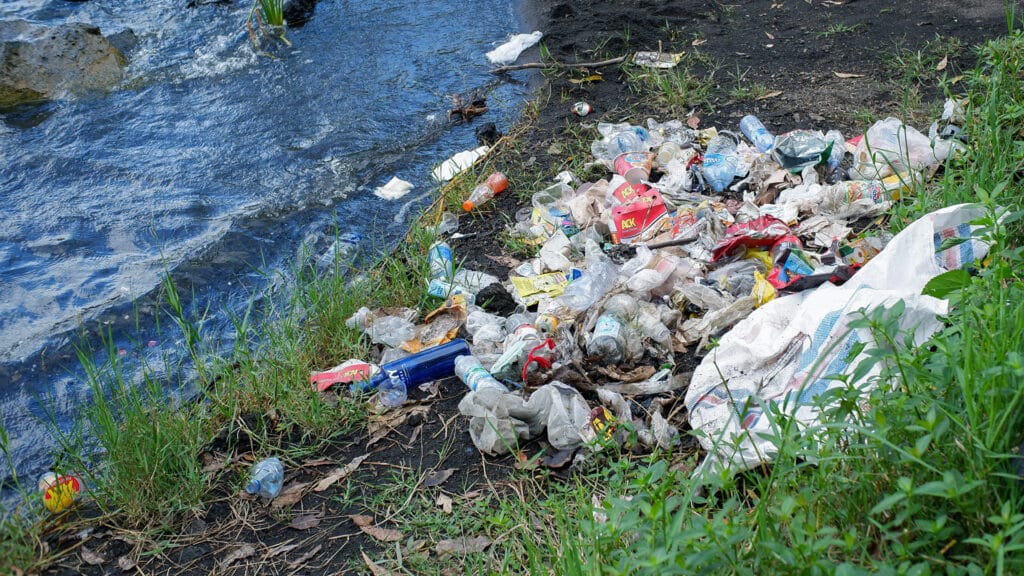 Kintamani, Bangli, Bali, Indonesia – March 6, 2025: Trash Pile on Lake Shore with Plastic and Paper Waste Causing Environmental Pollution