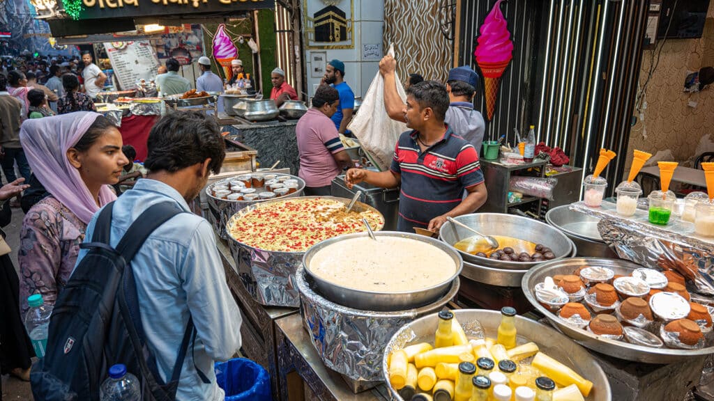 Old Delhi, India-March 15 2025: A local shop selling a variety of food in Old Delhi’s Jama Masjid area during Ramadan.
