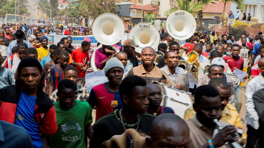Congolese people gather to take part in a demonstration organized by civil society groups opposing the constitutional reforms proposed by President Felix Tshisekedi and calling for direct dialogue between the Congolese government and M23 rebels as part of efforts to end the conflict in the country, in Bukavu, eastern Democratic Republic of the Congo, July 28, 2026. REUTERS/Victoire Mukenge.