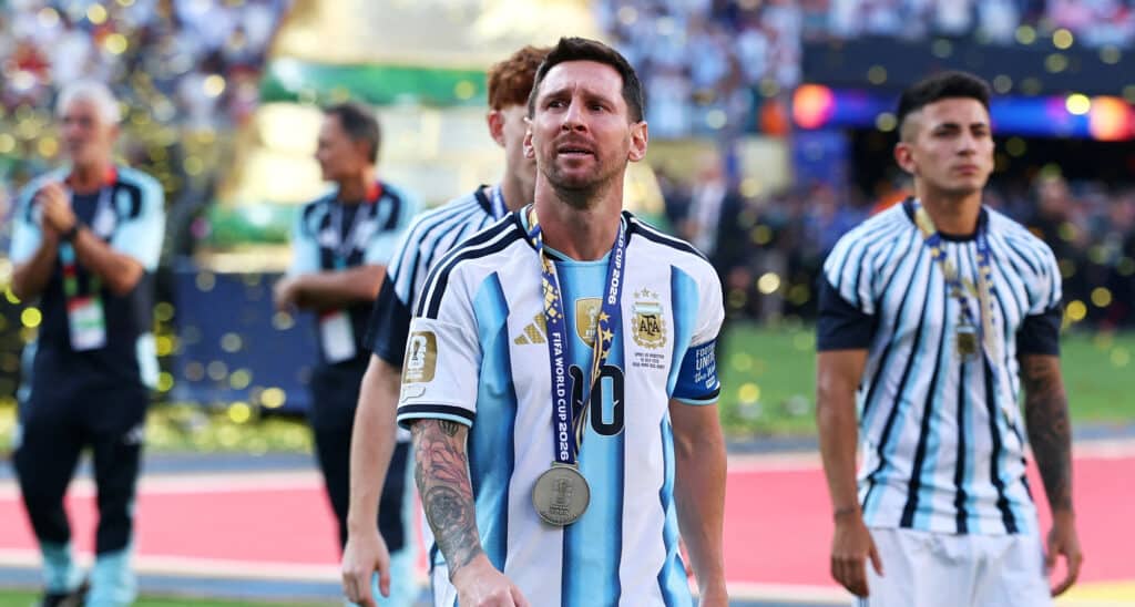 FILE PHOTO: Argentina's Lionel Messi with the runners-up medal as he looks dejected after the match IMAGN IMAGES via Reuters/Vincent Carchietta New York/New Jersey Stadium, East Rutherford, New Jersey, U.S. - July 19, 2026/File Photo